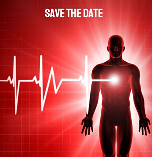 Detail from the Live from the Heart flyer - a male figure and a EKG line against a red background.