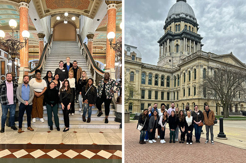 Central Illinois students pose inside and outside the state capitol in Springfield on Student Advocacy Day 2023.