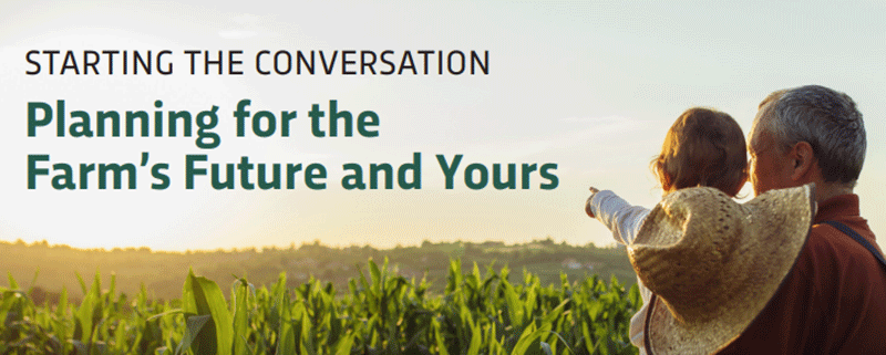 Detail from Community Forums for Aging Farmers flyer showing an older man holding a child in cornfield.