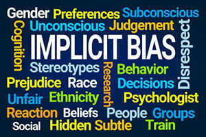 A word cloud of concepts related to implicit bias.