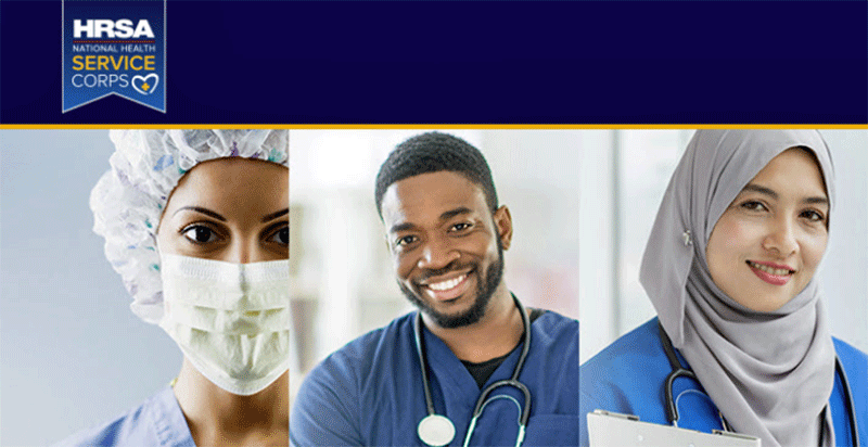 Three faces of health professionals in scrubs, with medical gear - a detail from the NHSC public service announcement.