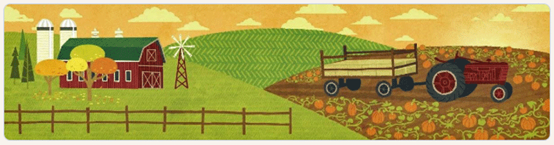 Painting of a rural scene a harvest time, with farm equipment in a pumpkin patch.