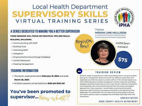 Flyer for the 2024 Local Health Department Supervisory Skills virtual training series.