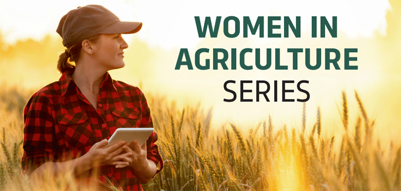 Detail from the Women in Agriculture flyer showing a woman in a red plaid shirt standing in a cornfield holding a tablet computer.