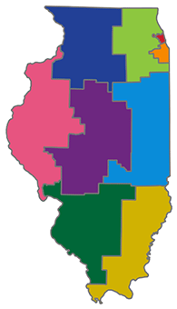 A thumbnail of Illinois with county boundaries and AHEC regions designated by color